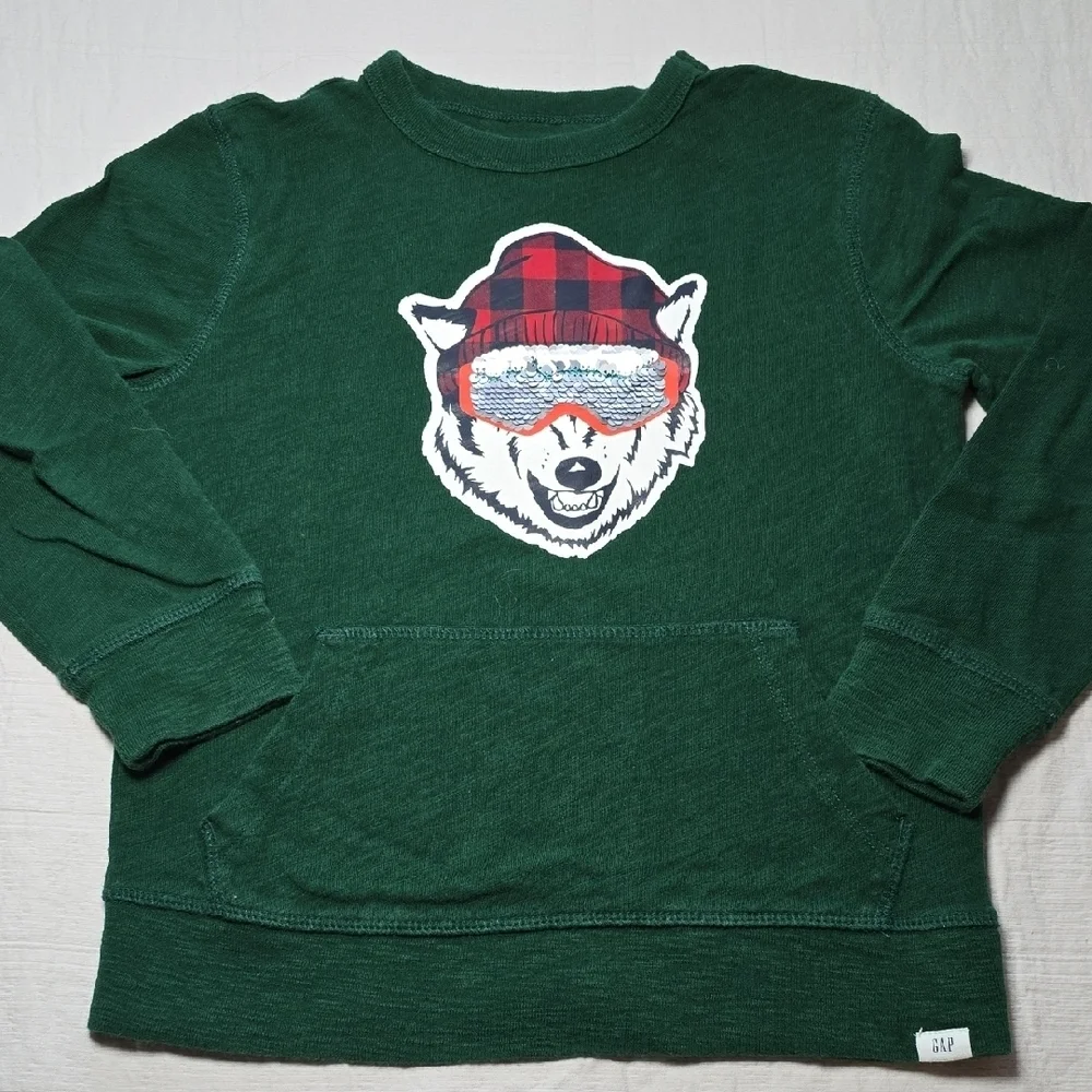 GAP Kids Green Sweatshirt with Wolf Graphic & Reversible Sequin Detail S 6-7